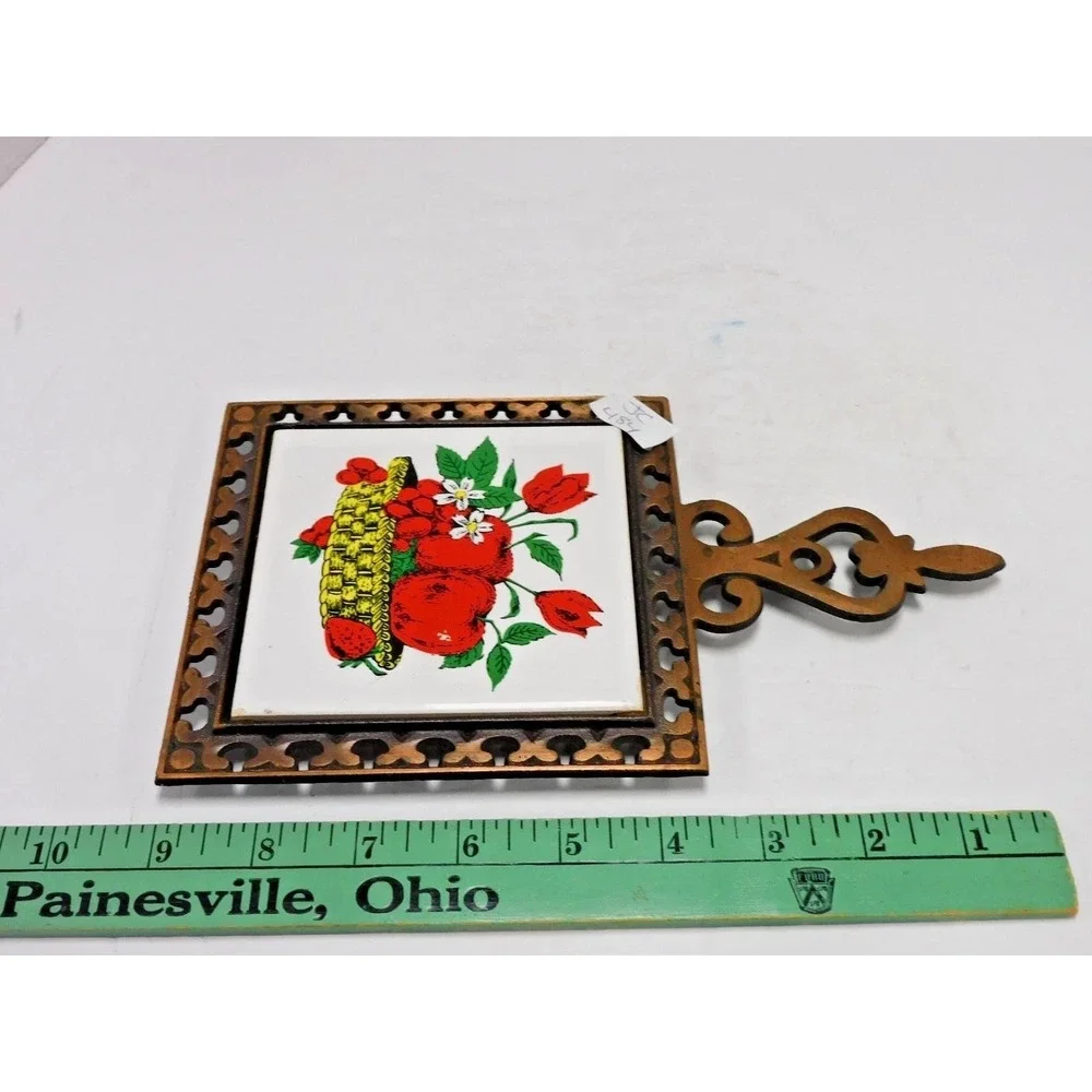 Vintage 1970's Cast Iron & Ceramic Tile Trivet Assorted Vegetables JC484